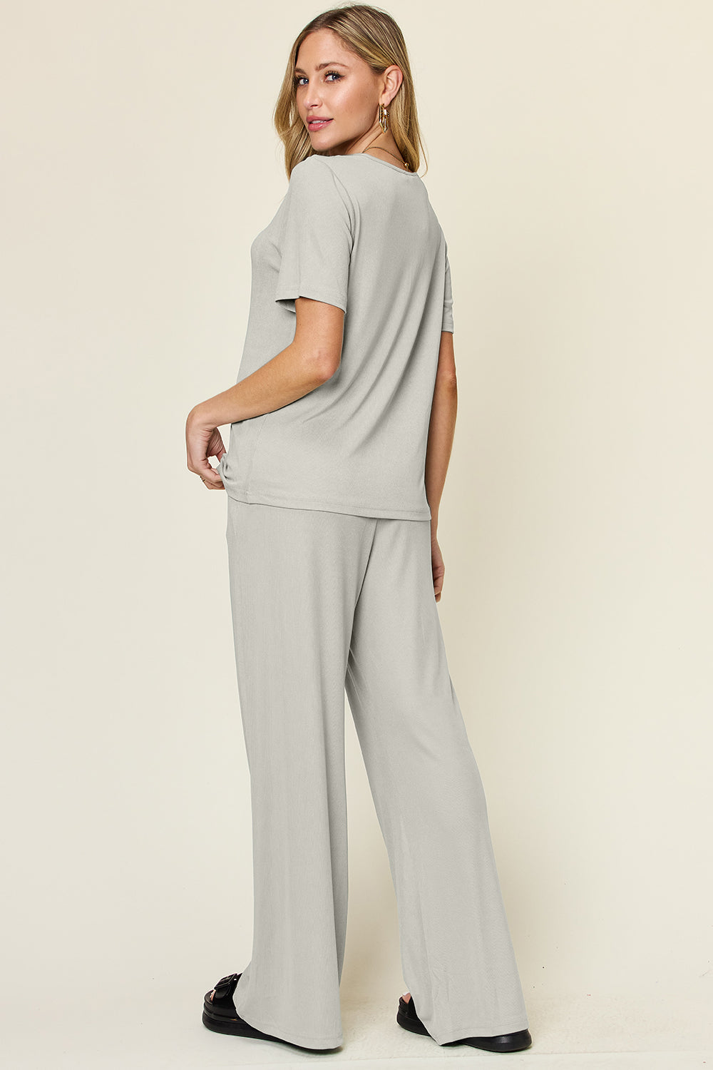 Full Size Round Short Sleeve T-Shirt and Wide Leg Pants Set, Stretchy Outfit