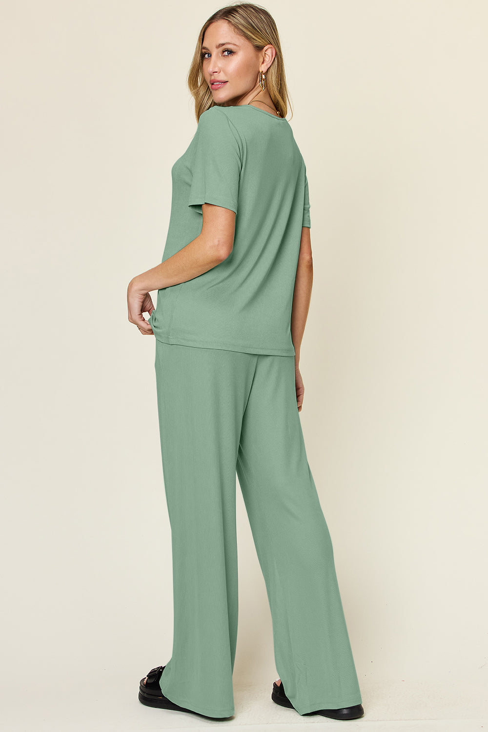 Full Size Round Short Sleeve T-Shirt and Wide Leg Pants Set, Stretchy Outfit