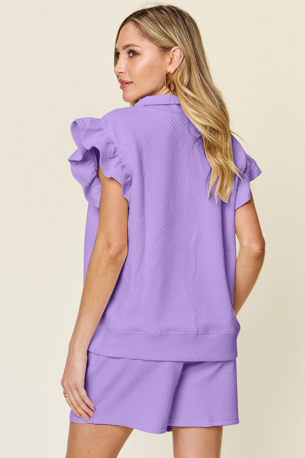 Full Size Texture Flounce Sleeve Top and Drawstring Shorts Set