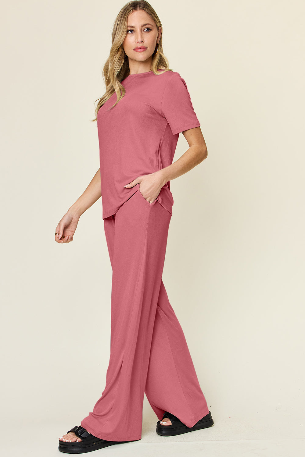 Full Size Round Short Sleeve T-Shirt and Wide Leg Pants Set, Stretchy Outfit