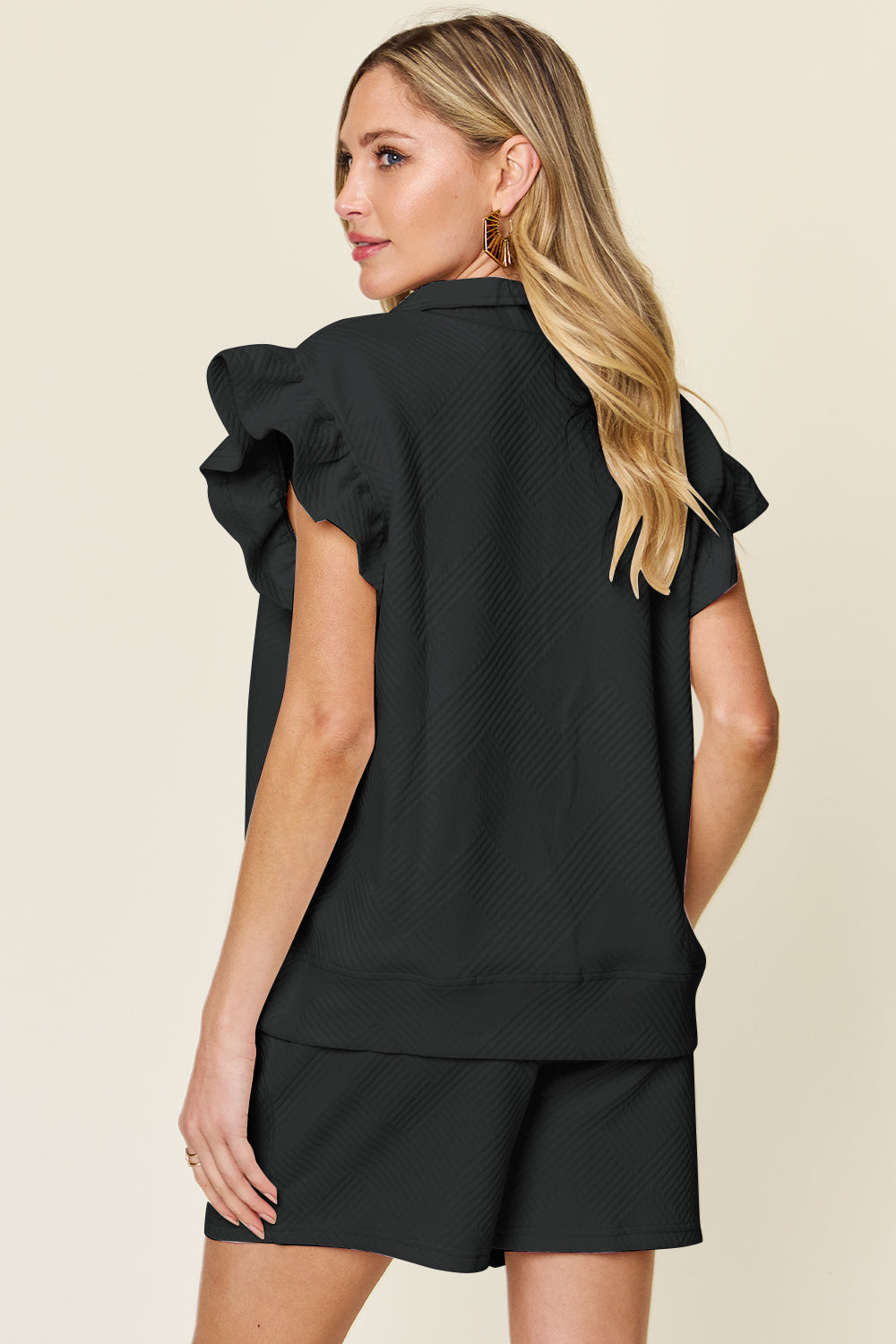 Full Size Texture Flounce Sleeve Top and Drawstring Shorts Set