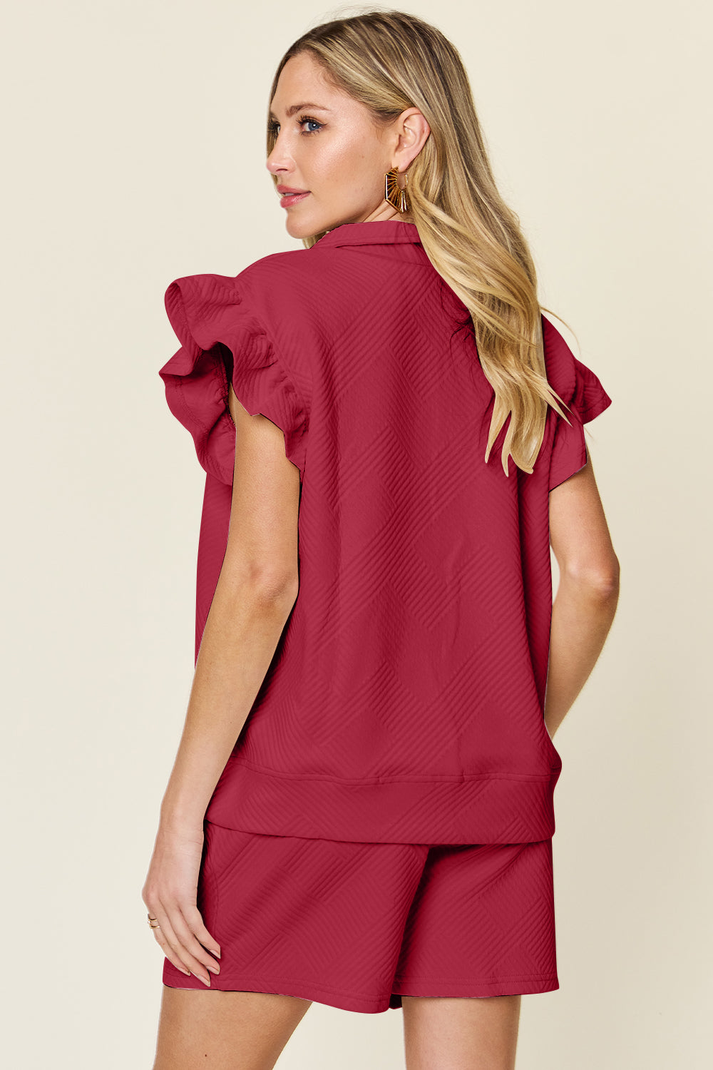 Full Size Texture Flounce Sleeve Top and Drawstring Shorts Set