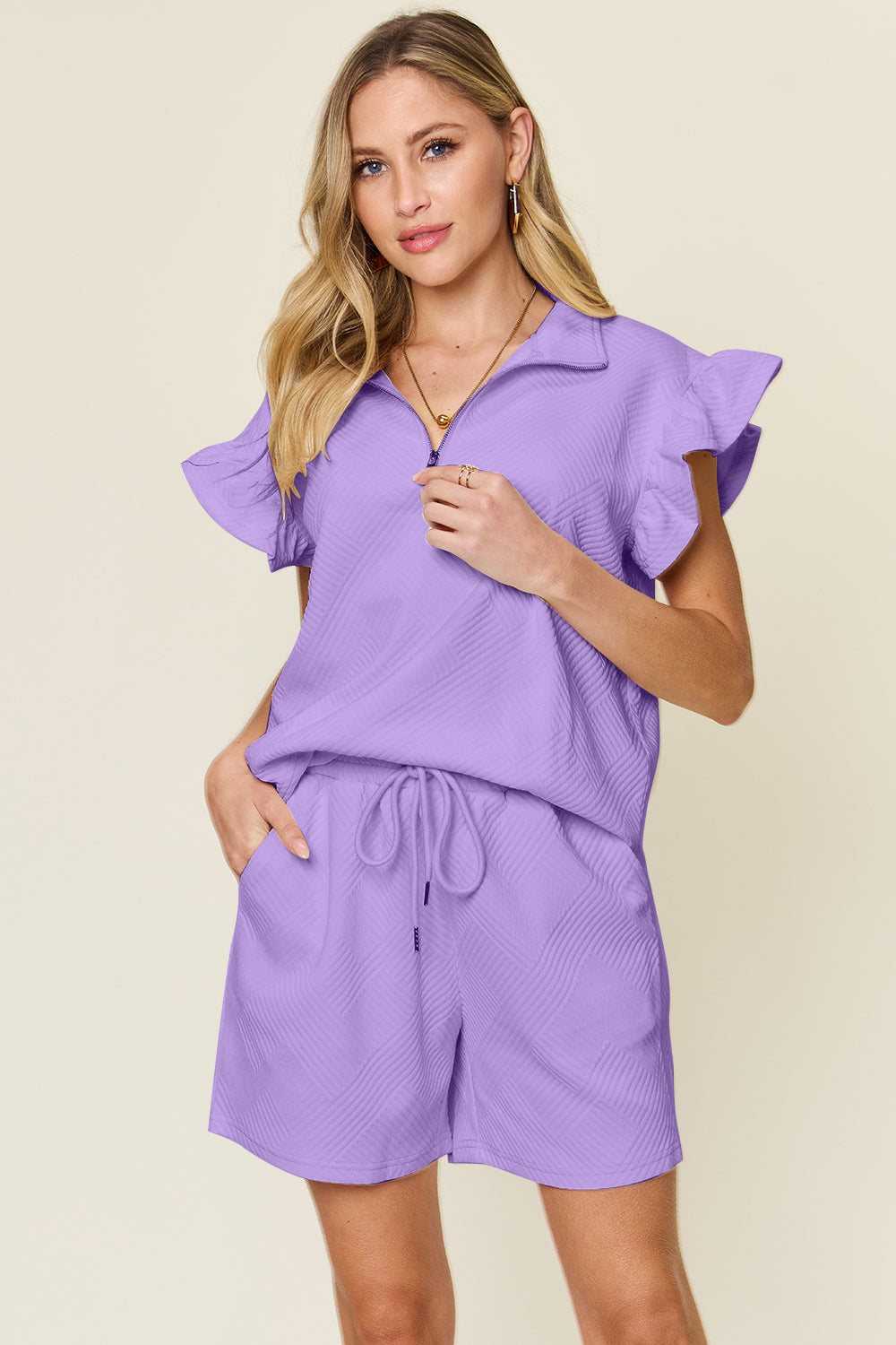 Full Size Texture Flounce Sleeve Top and Drawstring Shorts Set