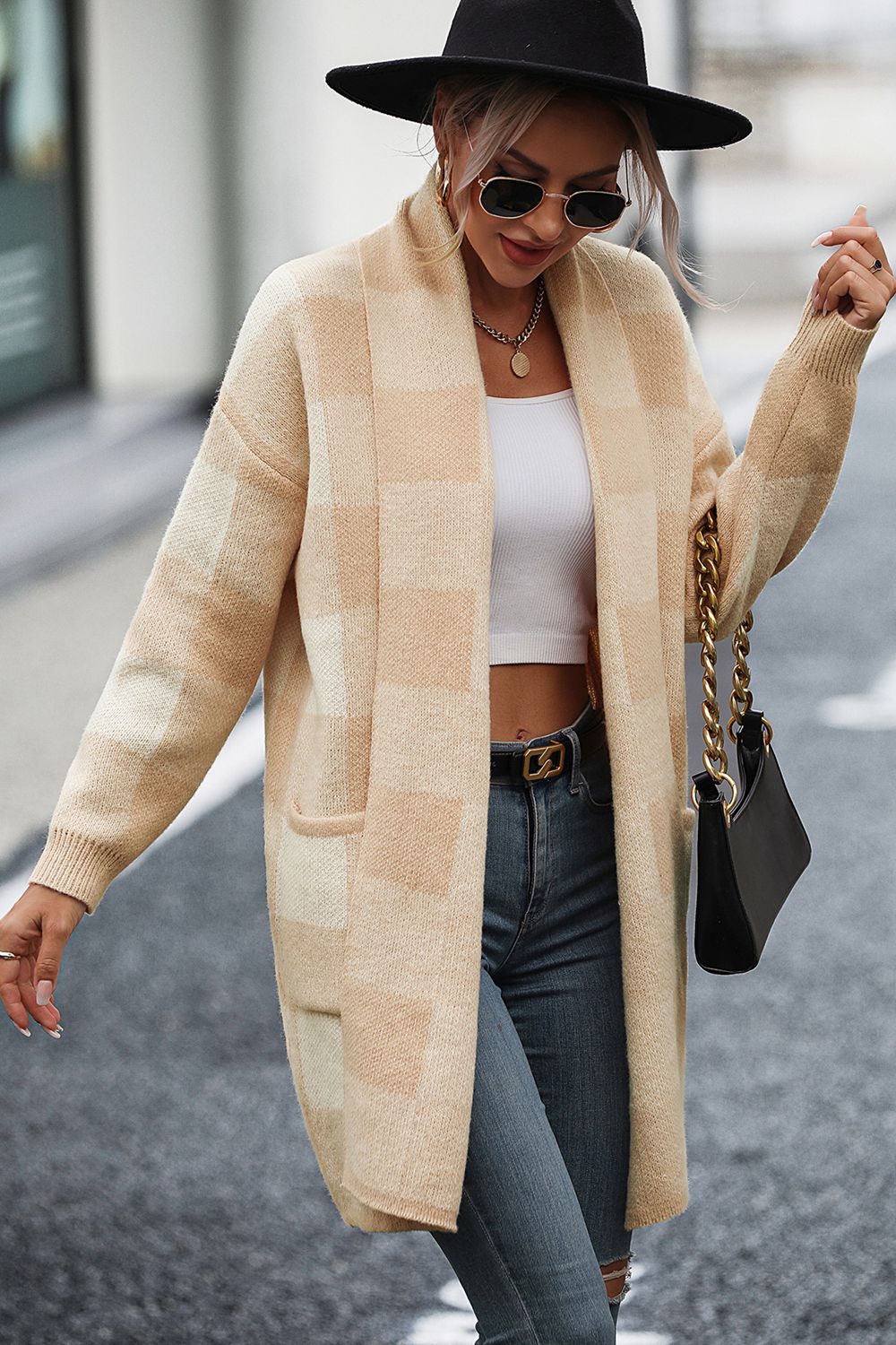 Checkered Cardigan with Pockets