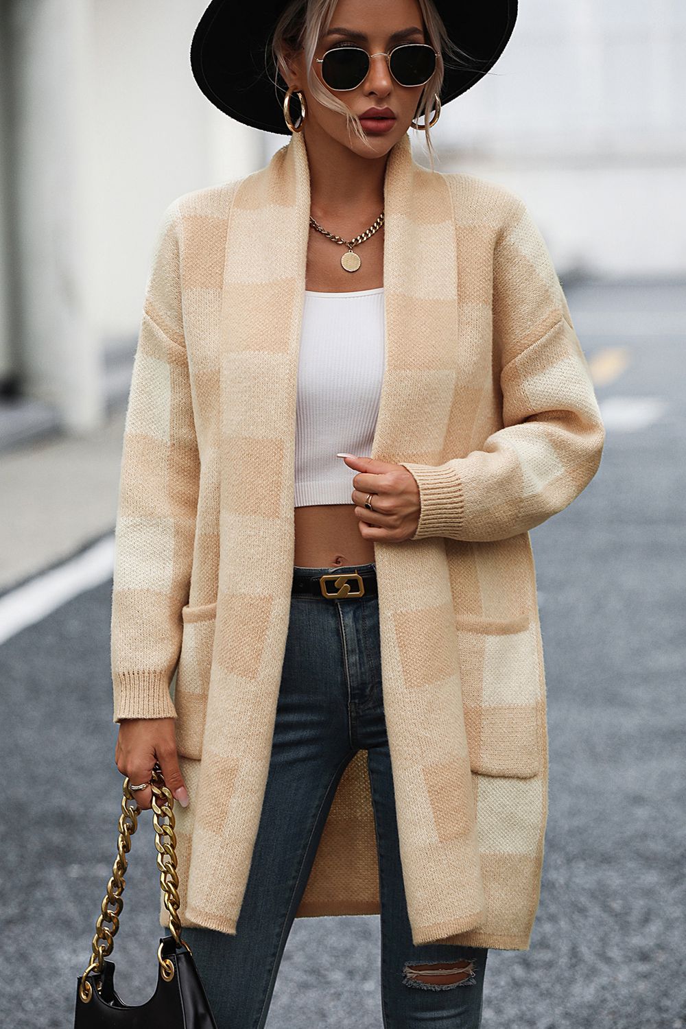 Checkered Cardigan with Pockets